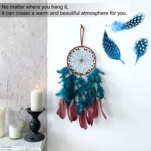 TEESHLY Dream Catchers with Peacock Blue Polka Dot Feather - Handmade Dreamcatchers for Boho Wall Hanging Decoration, Home Ornament Festival Gift - Thumbnail 7