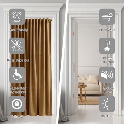 Image of Doorway Curtain Back Tab Gold Brown Velvet Thermal Insulated Sliding Door Panels Privacy Blackout Window Drapes Room Divider for Office Bedroom Closet, W62 x L80, 1 Panel