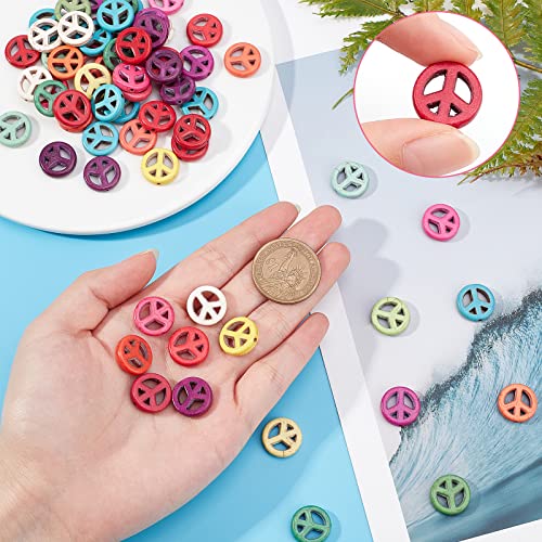 SUNNYCLUE 1 Box 100Pcs Peace Sign Beads Bulk Colorful Synthetic Turquoise Bead Charms Flat Round Carved Hollow Elastic Thread for DIY Bracelets Crafts Jewelry Making Supplies - Image 3