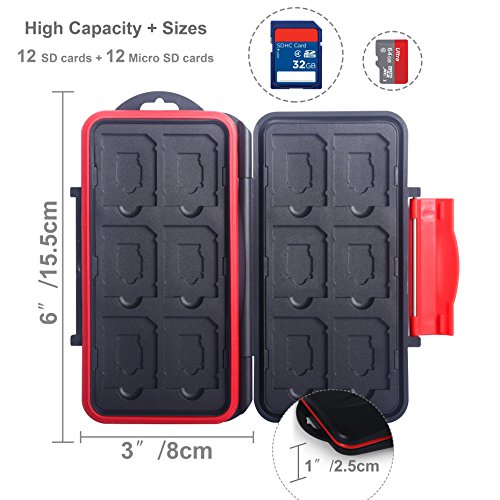 Skoloo SD Card Case, Waterproof Memory Card Holder, 12 SD Card Cases Storage + 12 Micro SD Card Holder for SDHC SDXC TF Card, 1 Pack Red