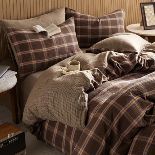 Image of EAVD Vintage Style Blue&Brown Plaid Duvet Cover Twin Soft 100% Muslin Cotton Brown Green Blue Grid Checkered Plaid Bedding Set with 2 Pillowcases Reversible Farmhouse Gingham Duvet Cover with Zipper