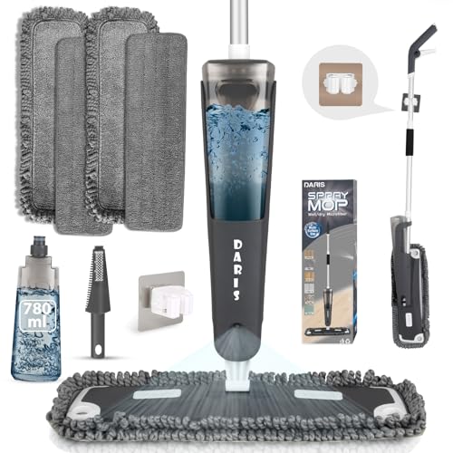 DARIS Trapeador de Microfibra 360 Grados, 4 Almohadillas Lavables, fregonas húmedas y secas, Botella Recargable 780 ml