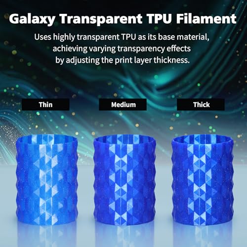 Image of YOUSU Transparent Galaxy TPU Filament 1.75mm Bundle, 95A (42D) Flexible Soft 3D Printer Filament, Transparent Clear TPU Galaxy with Starry Sparkle Effect,250g Spool,4 Rolls,Blue+Purple+Yellow+Green