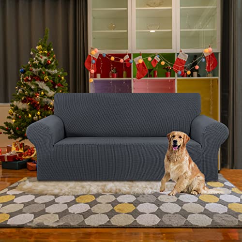 KEKUOU Stretch Loveseat Sofa Cover Slipcover,Couch Covers for 2 Cushion Couch Sofa (55"-78") Furniture Protector Sofa with Elastic Bottom for Kids,Dog. Jacquard Small Checked (Medium,Charcoal)