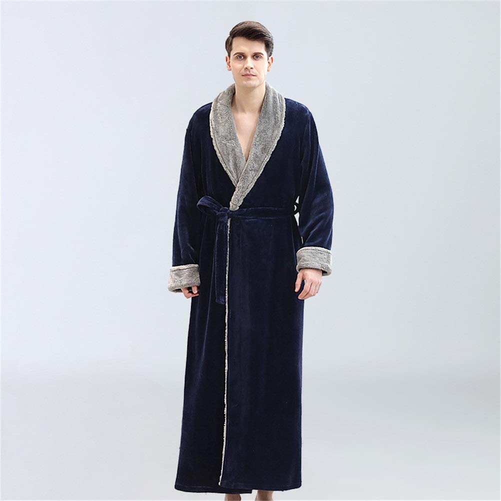 WANGJUN Men's Nightgown Oversized Fleece Dressing Gown Autumn Winter Home Robe Plus Velvet Warm Bathrobe for Men Thick Long Coat Robes (Color : Navy Blue, Size : Medium)