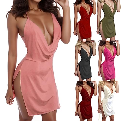 Generisch Damen Minikleid, Tiefer V-Ausschnitt, Rückenfreier Stil, Seitlicher Schlitz, Party Fest