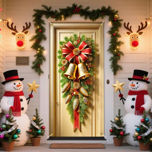 Image of Vertical Pine Swag Door Cover, Red Bow Gold Bell Christmas Front Door Decorations, Pine Cone Holiday Door Banner, Tall Winter Home Entrance Decor, 35.43 x 70.87 Inch