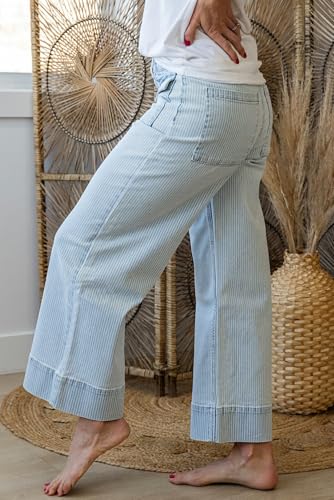 Urchics Womens Casual Pants Sky Blue Stripe Button Flap Pocket Cuffed Hem Wide Leg Jeans2