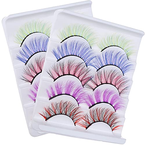 10 Pairs Colorful Eyelashes, Halloween Mink Colored Long Dramatic False Eyelashes Strip Lashes Fluffy Wispy Curly Faux Mink Lashes Makeup Tools