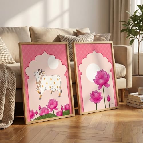 Image of Livin'luxe Set of 2 Pink Kamdhenu Cow Lotus Wall Paintings for Living Room Bedroom Home Decor with Premium Wooden Color Synthetic Frame (13.5 x 19.5 Inch) NM02-58