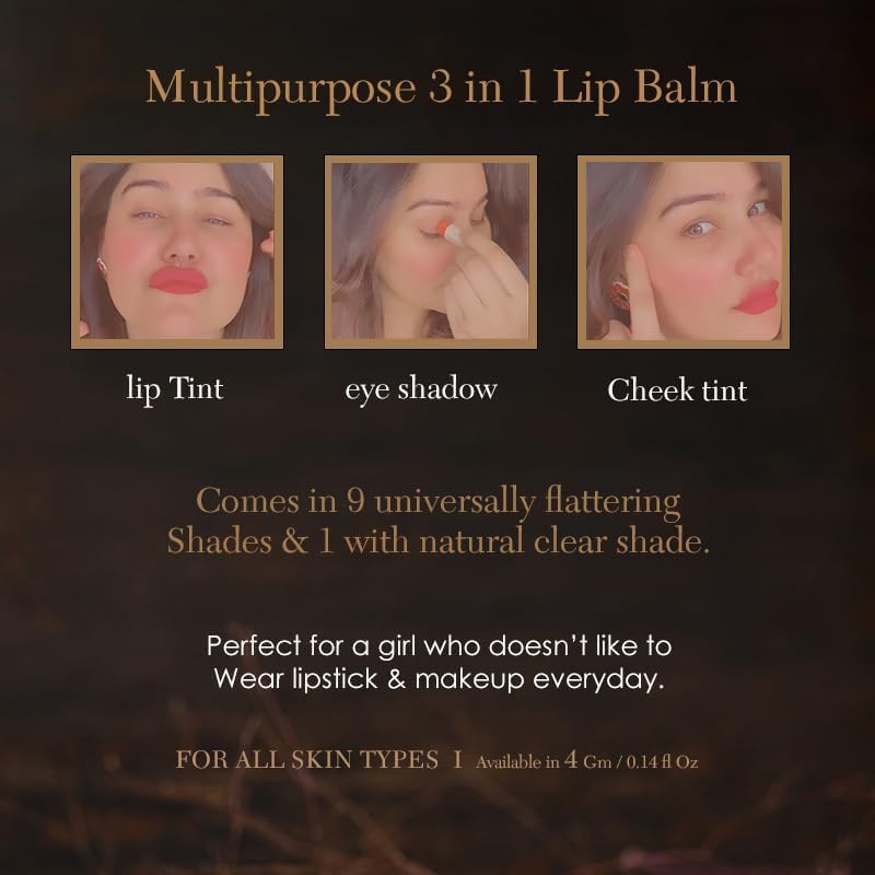 Kaumudi Handmade & Natural 3 in 1 Lip Balm (Cheek Tint & Eye Shadow) with Blend of Rose Damascena & Saffron Essential Oil (Brownie Lip)