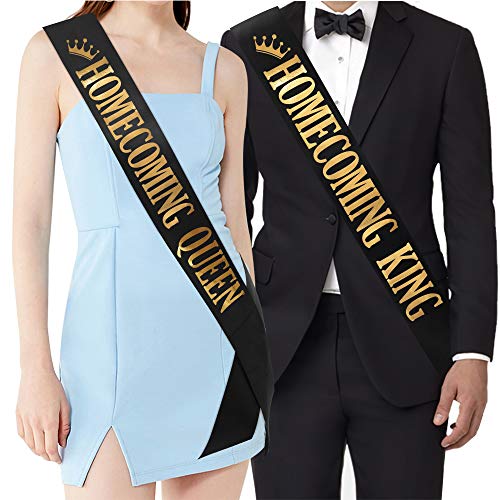 "Homecoming King" and"Homecoming Queen" Sashes - Homecoming Party Prom Sashes School Party Accessories, Black with Gold Print