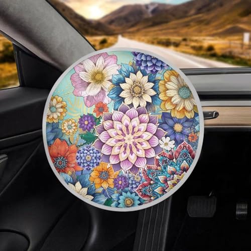 Image of Colorful Flower Steering Wheel Sun Shade Cover Sun Shade for UV Protection Universal Steering Wheel Shield Easy to Install Reflect UV Sun and Heat and Protect Your Car
