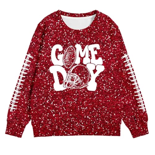Girl's Football Sweatshirts Sparkly Sequin Print Game Day Outfits Long Sleeve Football Graphic Pullover Tops Sportswear 2-14Y2