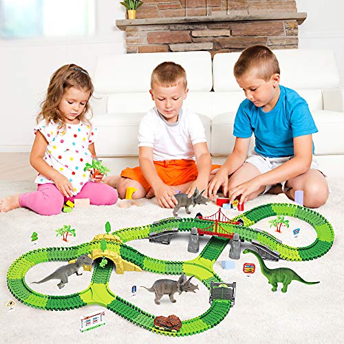 VCOSTORE Dinosaur Track Toys, 269 Pcs Dinosaur Car Race Track Accessories to Create A Dinosaur World Road Race, Cool Dinosaur Vehicle Playset Toys for 3-5 Years Old Boys - Thumbnail 7