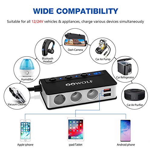 Image of OOWOLF Quick Charge 3.0 Cigarette Lighter Adapter,180W 12V /24V 3-Socket DC Power Car Splitter with 6.6A 4 USB Ports,LED Display Voltage, Individual Switch