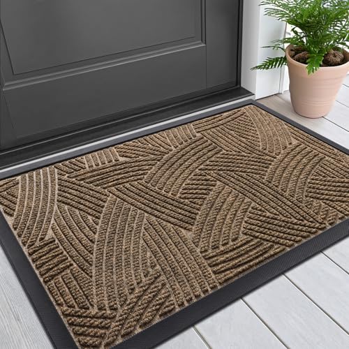 Image of Smiry Front Door Mat Outside Entrance, Heavy Duty Sturdy Natural Rubber Doormat, Trap Dirt and Moisture, Easy Clean Low Profile Mats for Indoor Outdoor Entry, Interwoven Stripes 29.5x17, Brown