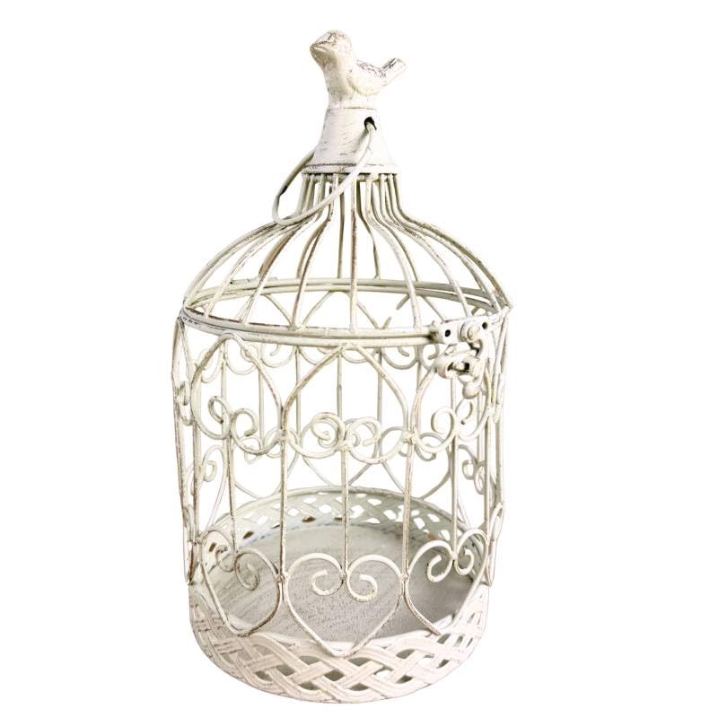 L'Héritier Du Temps Petite Cage à Oiseaux Volière Ronde en Acier Patiné Blanc Abri Décoratif à Suspendre 15,5x15,5x28cm