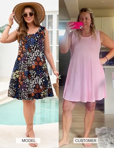 Image of JollieLovin Women Plus Size Curvy Summer Tank Sun Dresses Sleeveless Causal T-Shirt Dress Beach Swing Cover up(L-5X)