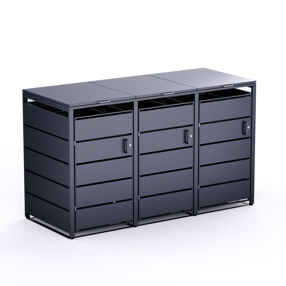 RS Trade Mülltonnenbox 3er Anthrazit für 120L & 240L, wetterfeste Mülltonnenverkleidung mit 3 Türen, abschließbares Mülltonnenhaus, Umhausung für Mülltonnen, Sichtschutz für Abfalltonnen draußen