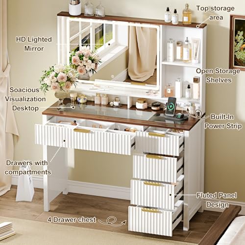 Image of Arulvmrn 43 inch Makeup Vanity Desk with Mirror and Lights, & Power Outl, SZT-127