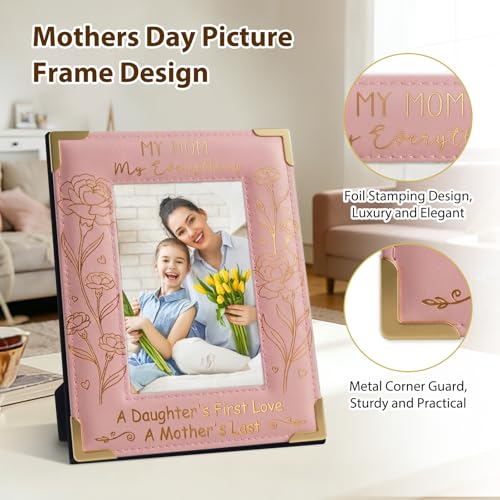 Image of FLYAB First Mothers Day Picture Frame 4x6 Mothers Day Gifts for Mom Grandma from Son Daughter Pink Mom Picture Frame for Tabletop Decorations Wood Leather Frame