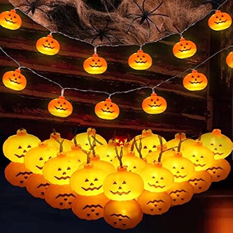 Evance Halloween Pumpkin String Lights with Stretchable Spider Cob Web & 4 Spider, 10 Feet 20 LEDs Pumpkin Lights Battery Operated, Led Fairy Lights for Party Halloween Decorations (Orange Pumpkins) Cover