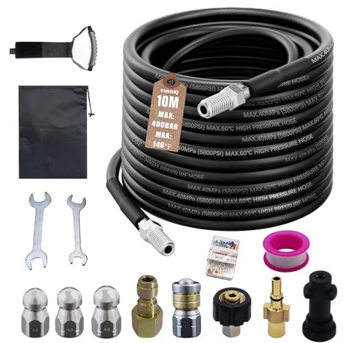 10M High Pressure Washer Drain Pipe Hose Cleaning Kit, Compatible with Karcher K2 - K7 Series & Bosch AQT, 400 Bar Sewer Jetter Hose, Drain Jetter for Pressure Washer Ideal for Drains,Patios,Driveways