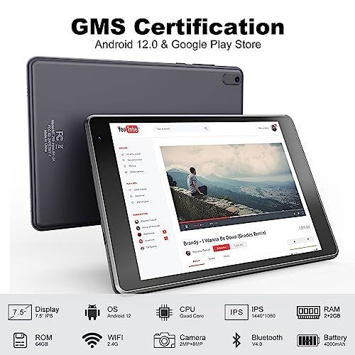 Android 12 Tablet 7.5 Inch,Tablets Computer 64Gb Storage 512Gb Expandable, Quad-Core Processor, Ps Fhd 1440X1080 Resolution Display, Google Gms Certified Smart Tablet/Wifi/Bluetooth 5.0 #TOP3