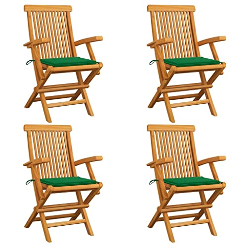 Kaloriko Juego de 4 sillas de jardín de madera maciza de teca con cojines verdes plegables para balcón, terraza, exterior, resistente a la intemperie, madera estable con reposabrazos y cómodo cojín