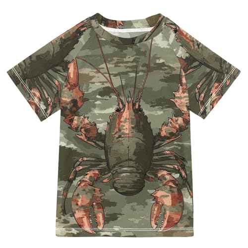 Boys Short Sleeve T-Shirts Camo Shrimp Lobster Sea Rashguard Kids Swim Shirts Sun UPF 50+