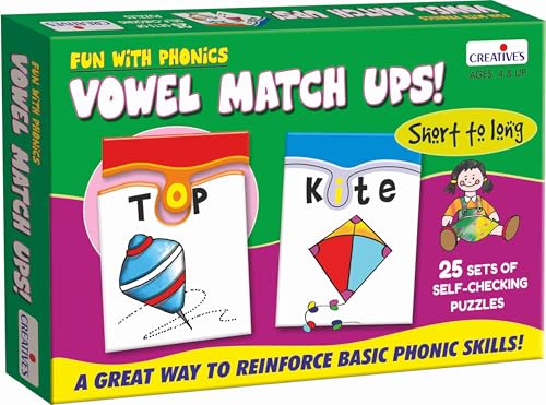Image of Creative's Fun with Phonics Vowel Match-Ups for Kids Ages 4+ Years, 25 Two-Piece Puzzles, Short & Long Vowel Sounds, Spelling, Phonics Reading & Word Building Game