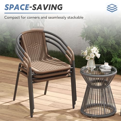 Image of UDPATIO Rattan Patio Dining Chairs Set of 4, Wicker Stackable Outdoor Chairs with All Weather Curved Back & Metal Frame, for Indoor Restaurant Porch Deck, Brown