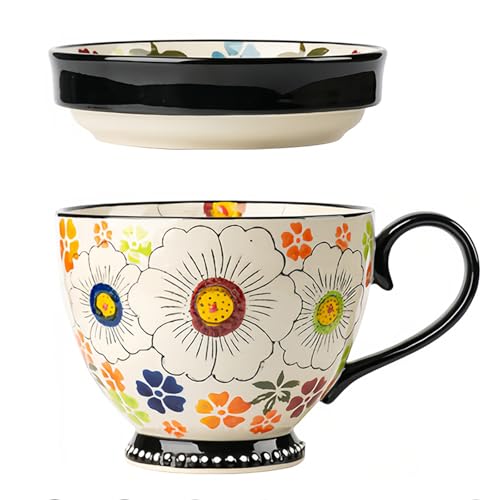 Dowbom Soup Mug With Lid, 500ml Microwave Soup Bowl, Ceramic Soup Mug, Breakfast Bowl, Bouillon Cup (Flower-C,500ml)