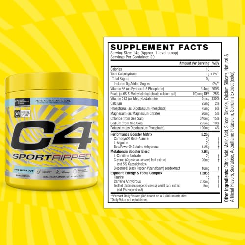 Image of C4 Ripped Sport Pre Workout Powder - NSF Certified for Sport - 200mg Caffeine + Cayenne Extract + Carnitine Tartrate + Beta-Alanine - Artic Snow Cone, 20 Servings