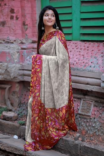 Image of MIRCHI FASHION Saree for Woman Chiffon Geometric and Leaf Printed | Lightweight Daily Regular Use Comfortable Women's Sari with Blouse Piece (Available in 15 Designs)