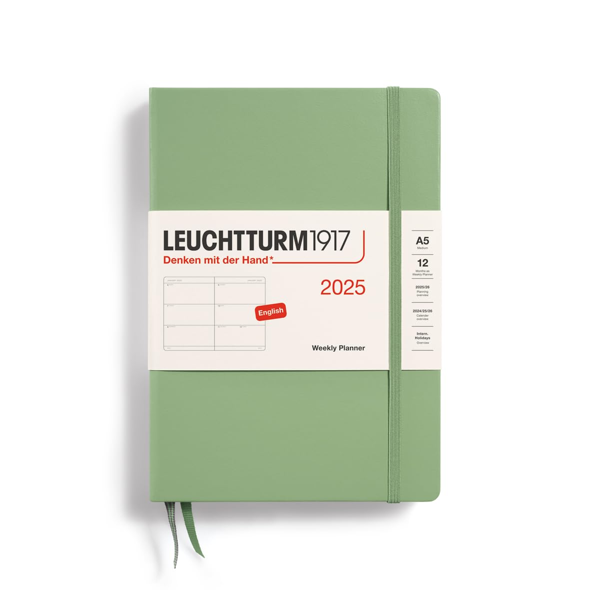 LEUCHTTURM1917 370772 Weekly Planner 2025, Medium A5 Hardcover - 12 Month Planner, Lined - Sage, English