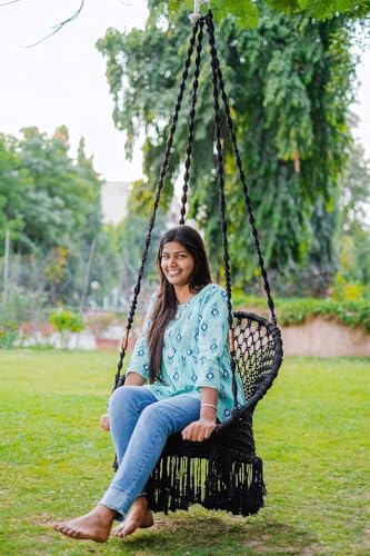Image of Swingzy Premium Round Hanging Swing Chair for Home /Balcony /Garden /Patio /Hammock Jhula Chair for Adults & Kids /Indoor Outdoor Hanging Seat with Accessories | Heavy Duty Rope Swing (Round Black)