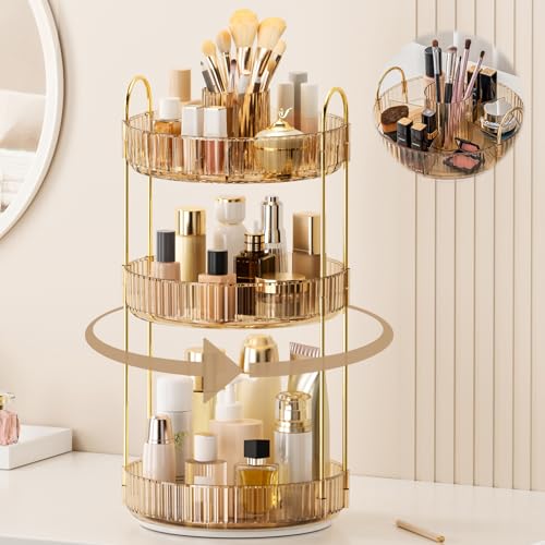 360 Rotating Makeup Organizer Upgraded 3 Tier Skincare Perfume Organizers for Women Bathroom Organizer Countertop Clear Cosmetic Dresser Organizer with Makeup Brush Holder Sink&Counter(Amber)