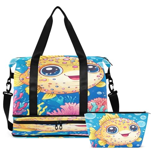 Puffer Fish Sea Blue Travel Duffel Bag for Women Men Gym Bag with Shoe Compartment Wet Pocket Carry On Weekender Overnight Bags for Airline Travel Gym