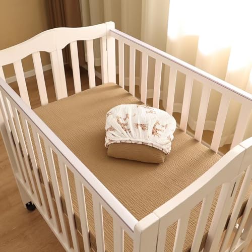 Image of david's kids Muslin Mini Crib Sheets, 2 Pack Cotton Pack N Play Sheets for Boys Girls Neutral, Soft Breathable Baby Sheets Fit Pack N Play, Playard and Mini Crib Mattresses, Giraffe