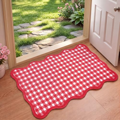 Breling Red and White Scalloped Plaid Entryway Rug 16.5 x 27.5 Buffalo Checkered Indoor Mat Washable Non-Slip Gingham Door Rug for Entryway Entrance Bedroom Kitchen Living Room Decor