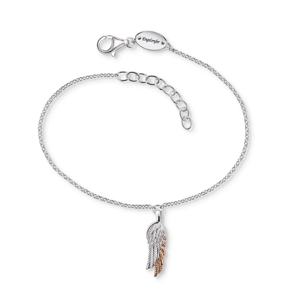 Engelsrufer Bracciale da donna in argento sterling e ciondolo a forma di ali duo, argento rosa, chiusura a moschettone, lunghezza regolabile, senza nichel, Eine Grösse, Argento, Zirconia cubica