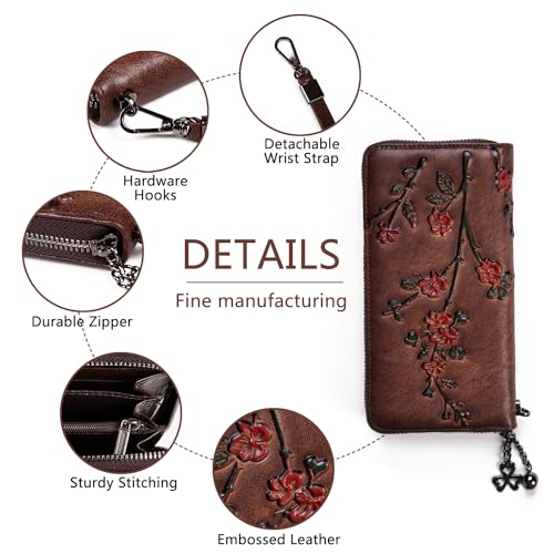 Image of Wallet Genuine Leather for Women - with RFID Blocking Card checkbook ID Slot Large Capacity Vintage style (flower coffee)