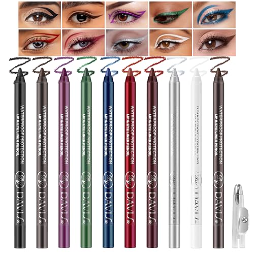 Noerrors 10pcs Colored Gel Eyeliner Pencil Set, Purple Plum Green White Silver Brown Black Waterproof Smudge Proof Waterline Eyeliner, Long Lasting Pigmented Matte&Metallic Eyeshadow Stick for Women
