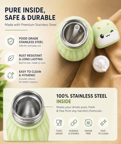 Image of 480ml Stainless Steel Sipper Water Bottle with Straw | Leakproof Animal Sipper Bottle | Reusable Drinking Bottle for School, Travel & Daily Use (Dino)