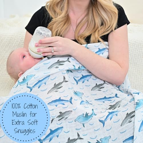 Image of LollyBanks Baby Blanket for Boys, 100% Cotton Muslin Swaddle Blankets, 47 x 47 Inches Soft and Breathable Receiving Blankets, Cozy Newborn Swaddle, Baby Essentials, Registry (Shark Print)