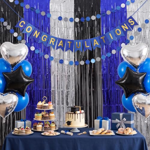 Image of TONIFUL 2Pcs Black Blue Silver Metallic Tinsel Foil Fringe Curtain Streamer | 3.3ftx6.6ft Photo Booth Backdrop Door Streamer for Boys' Men's Birthdays Baby Shower Graduation Photo Booth Party Decorations