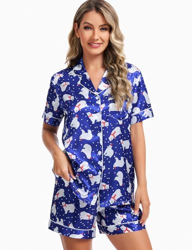 Image of SWOMOG Womens Silk Satin Pajamas Set Short Sleeve Sleepwear Button Down Top and Shorts Loungewear 2 Piece Pjs Set XS-3XL