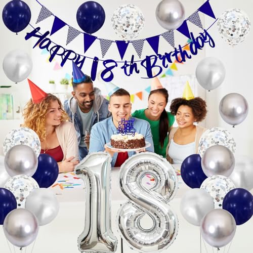 Image of 18th Birthday Decorations for Boys Girls, Blue Happy 18th Birthday Banner with Blue Silver 18th Balloons Cake Topper Number 18 Foil Balloonfor 18 Year Old Party Decoration